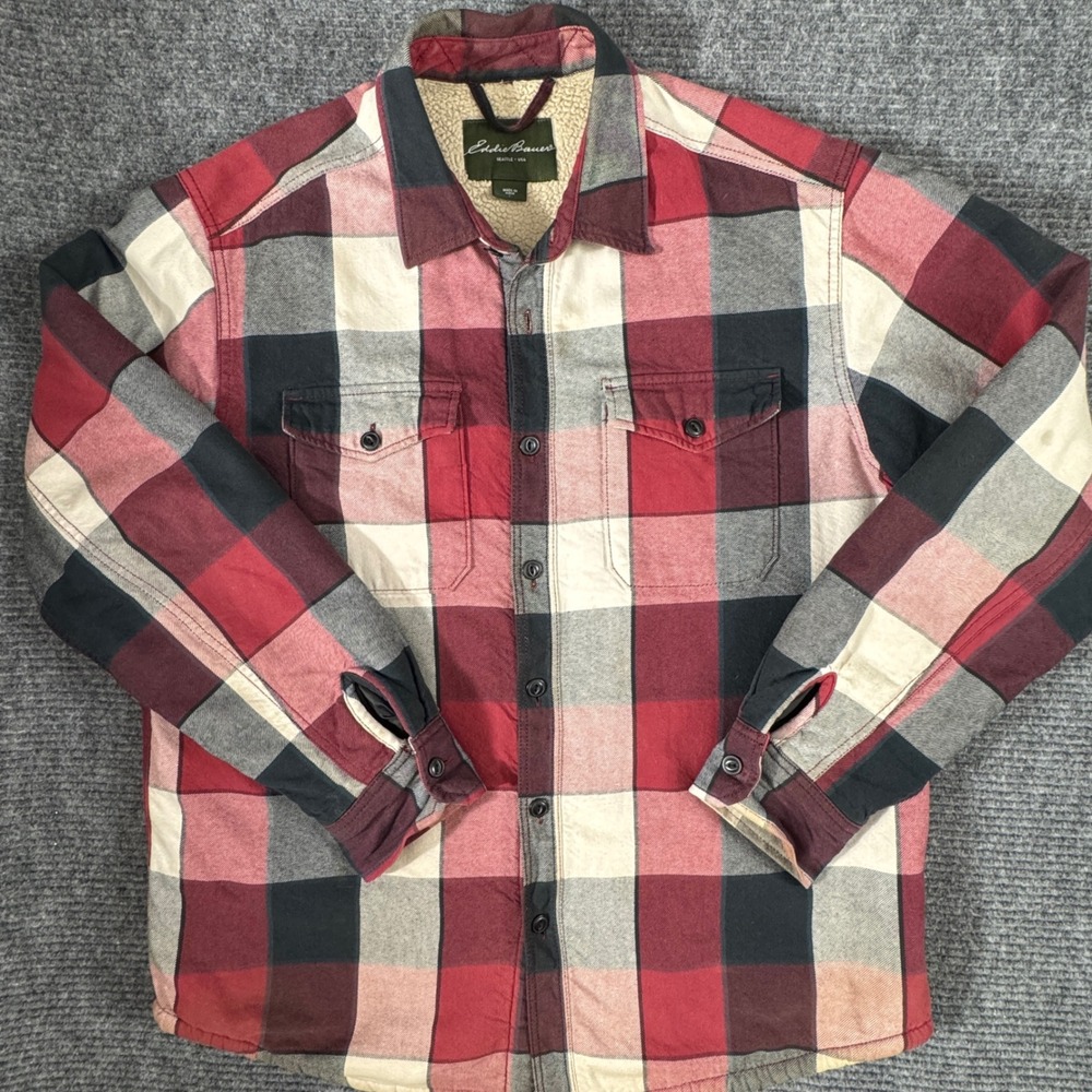 Eddie Bauer Sherpa Lined Flannel Shirt Jacket Men's L Red Plaid Shacket 2012